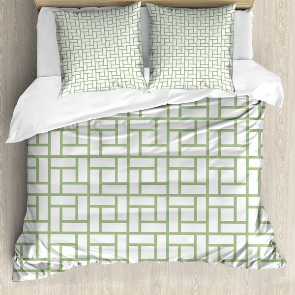 Abakuhaus Copripiumino Verde, Motivi A Quadrati Intrecciati, Antiacaro E Anallergico, Con Federe, 200 Cm X 200 Cm - 80 X 80 Cm, Verde Pistacchio E Bianco-image