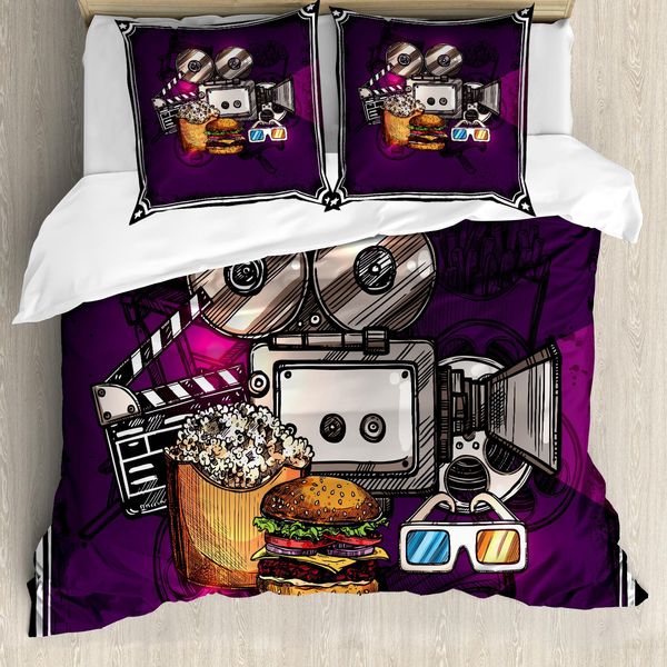 Abakuhaus Copripiumino Moderno, Burgers Popcorns Kino, Antiacaro, Adatto A Chi Soffre Di Allergie, Con Federe, 155 Cm X 220 Cm - 80 X 80 Cm, Viola Terra Giallo-image