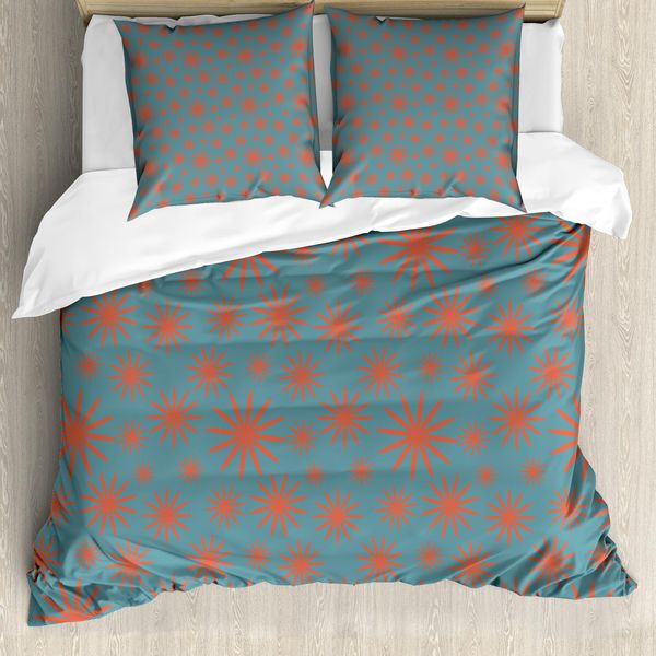 Abakuhaus Copripiumino Con Motivi Floreali, Ispirato Agli Anni '50 Vintage, Antiacaro, Adatto A Chi Soffre Di Allergie, Con Federe, 155 Cm X 220 Cm - 80 X 80 Cm, Blu Petrolio Scuro Corallo-image
