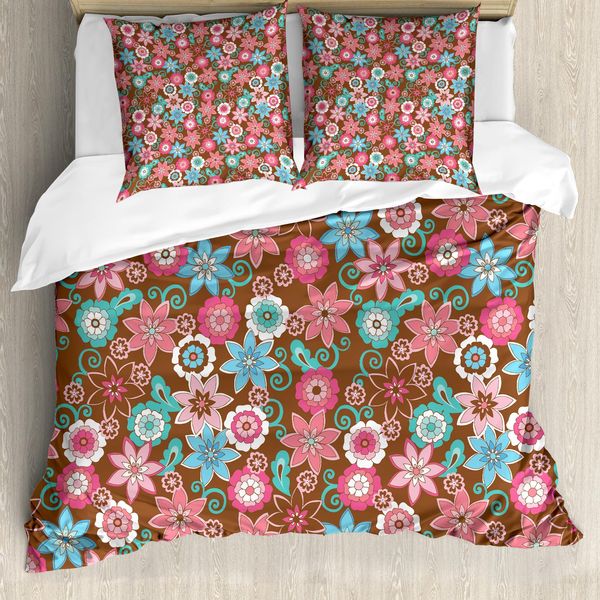 Abakuhaus Copripiumino Con Fiori, Petali E Boccioli, Antiacaro, Adatto A Chi Soffre Di Allergie, Con Federe, 200 Cm X 200 Cm - 80 X 80 Cm, Rosa, Marrone E Verde Acqua-image