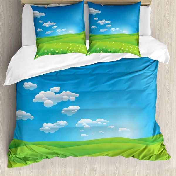 Abakuhaus Copripiumino Paesaggio, Scena Cartone Animato, Antiacaro, Adatto A Chi Soffre Di Allergie, Con Federe, 155 Cm X 220 Cm - 80 X 80 Cm, Blu Bianco Verde-image