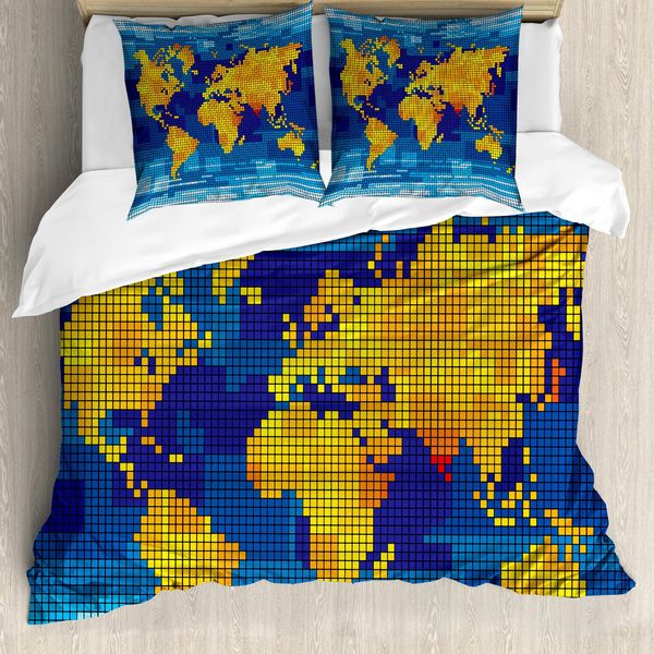 Abakuhaus Set Copripiumino Digitale Per Letti Matrimoniali, Geometrico Moderno, Antiacaro, Adatto A Chi Soffre Di Allergie, Con Federe, Marrone, Giallo, Azzurro, Blu-image