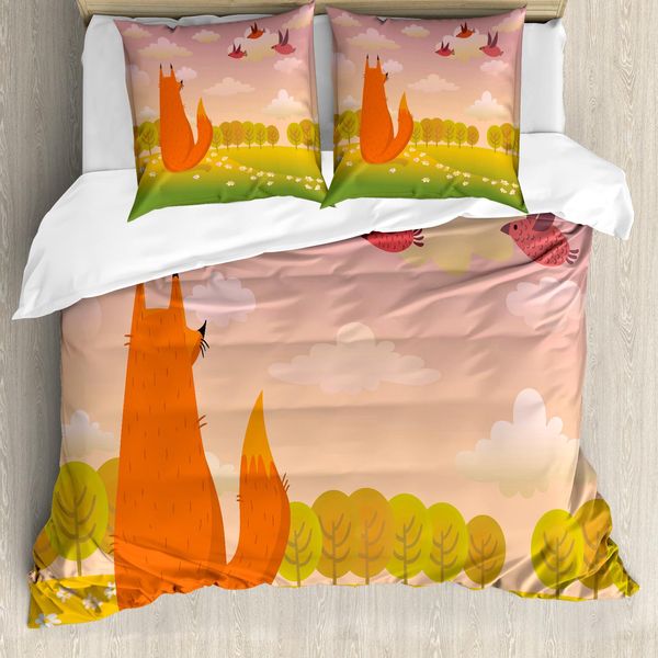 Abakuhaus Copripiumino Con Caricatura, Animale Volpe, Antiacaro, Adatto A Chi Soffre Di Allergie, Con Federe, 200 Cm X 200 Cm - 80 X 80 Cm, Arancione Viola Verde-image