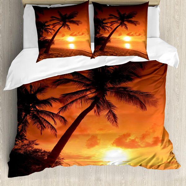 Abakuhaus Copripiumino Tropicale, Palme Da Cocco Al Tramonto, Antiacaro, Adatto A Chi Soffre Di Allergie, Con Federe, 200 Cm X 200 Cm - 80 X 80 Cm, Arancione Corallo Marrone-image