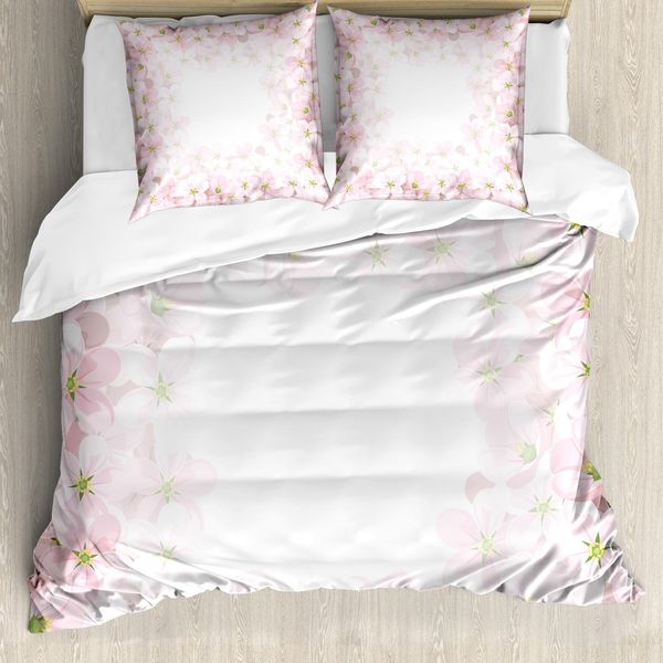Abakuhaus Copripiumino Con Fiori, Petali Di Fiori, Antiacaro, Adatto A Chi Soffre Di Allergie, Con Federe, 200 Cm X 200 Cm - 80 X 80 Cm, Rosa Baby E Verde Chiaro-image