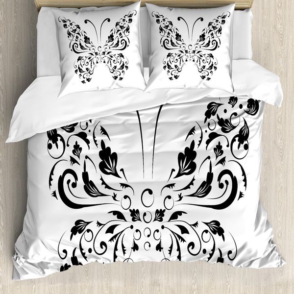Abakuhaus Copripiumino Butterfly, Swirl Flower, Antiacaro, Adatto A Chi Soffre Di Allergie, Con Federe, 200 Cm X 200 Cm - 80 X 80 Cm, Bianco E Nero-image