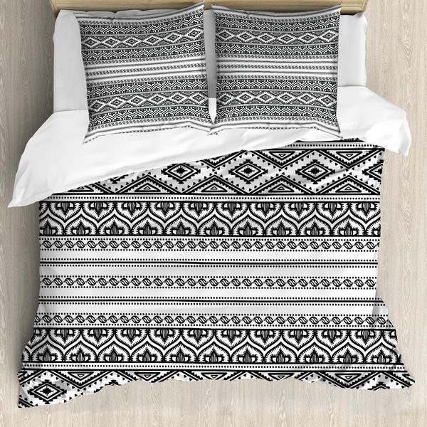 Abakuhaus Set Copripiumino Etnico Per Letti Matrimoniali, Tribù Orientale Marocchina, Antiacaro, Adatto A Chi Soffre Di Allergie, Con Federe, Bianco E Nero-image