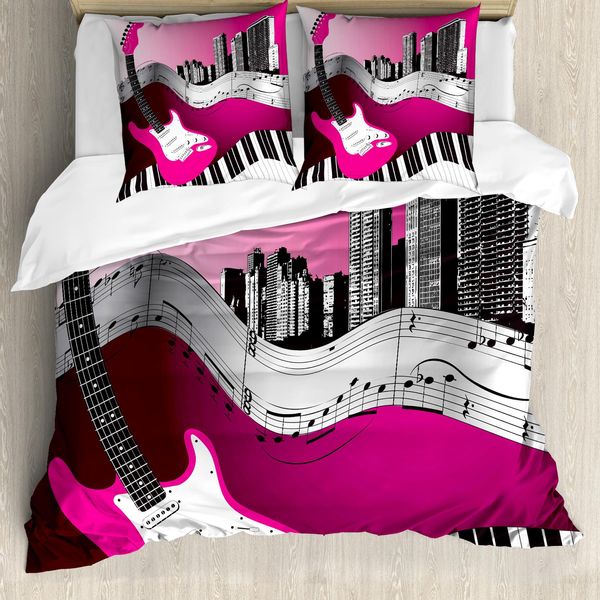 Abakuhaus Set Copripiumino Per Letti Matrimoniali, Urban Bassgitarrenrock, Antiacaro, Adatto A Chi Soffre Di Allergie, Con Federe, Grigio Chiaro, Rosa, Nero-image