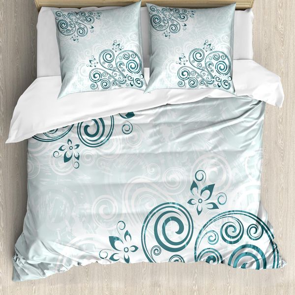 Abakuhaus Copripiumino Con Fiori, Petali Di Fiori Shabby, Antiacaro, Adatto A Chi Soffre Di Allergie, Con Federe, 200 Cm X 200 Cm - 80 X 80 Cm, Azzurro Baby E Verde Giada-image