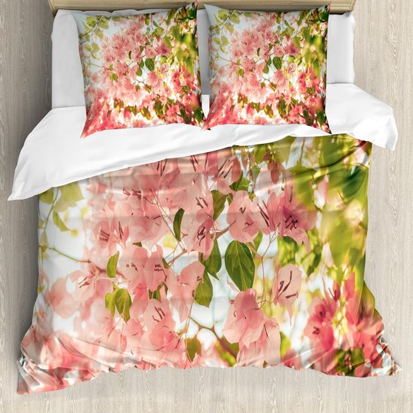 Abakuhaus Set Copripiumino Primaverile Per Letti Matrimoniali, Fiori Estivi Solari, Antiacaro, Adatto A Chi Soffre Di Allergie, Con Federe, Verde Oliva E Rosa Chiaro-image