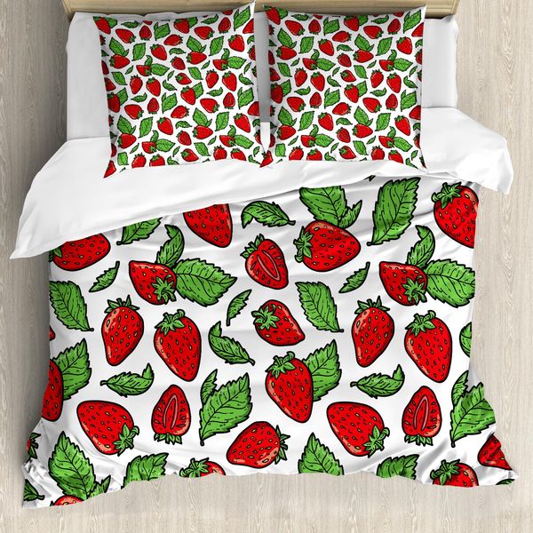 Abakuhaus Copripiuma Con Motivo Frutta, Succose Foglie Di Fragola, Antiacaro, Adatto A Chi Soffre Di Allergie, Con Federe, 200 Cm X 200 Cm - 80 X 80 Cm, Rosso Felce-Verde-image
