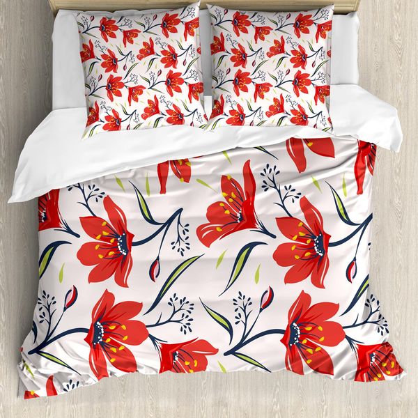 Abakuhaus Copripiumino Con Motivi Floreali, Tulipani Vintage, Antiacaro E Anallergico, Con Federe, 200 Cm X 200 Cm - 80 X 80 Cm, Verde Pesca E Rosso-image