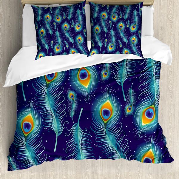 Abakuhaus Copripiumino Pavone, Piume Di Pavone, Antiacaro, Adatto A Chi Soffre Di Allergie, Con Federe, 200 Cm X 200 Cm - 80 X 80 Cm, Blu Navy Arancione-image