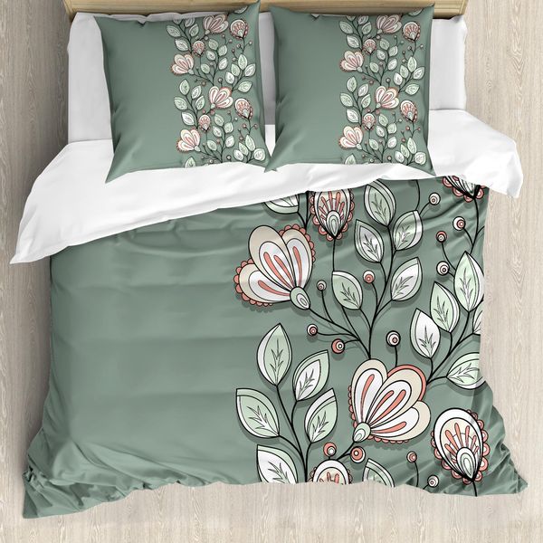 Abakuhaus Bohem Set Copripiumino Per Letti Matrimoniali, Romantici Fiori Primaverili, Antiacaro, Adatto A Chi Soffre Di Allergie, Con Federe, Verde Mandorla, Verde Reseda-image