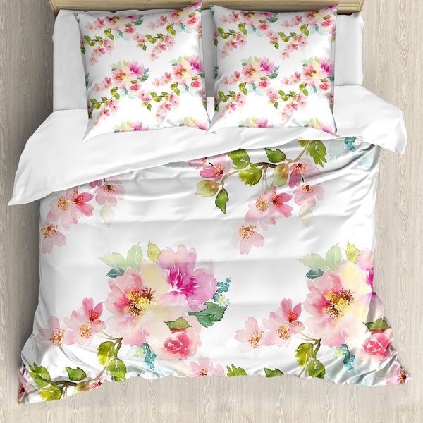 Abakuhaus Set Copripiumino Shabby Chic Per Letti Matrimoniali, Petali Acquerellati, Antiacaro, Adatto A Chi Soffre Di Allergie, Con Federe, Verde-image