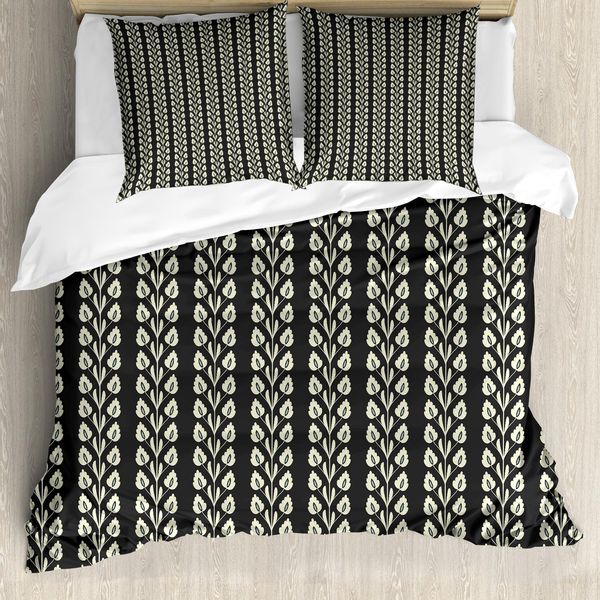 Abakuhaus Copripiumino Con Fiori, Foglie Ondulate Verticali, Antiacaro, Adatto A Chi Soffre Di Allergie, Con Federe, 200 Cm X 200 Cm - 80 X 80 Cm, Bianco E Nero-image