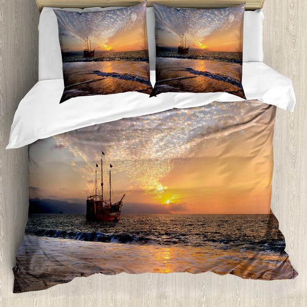 Abakuhaus Copripiumino Nautico, Nave Pirata Tra Le Onde, Antiacaro, Adatto A Chi Soffre Di Allergie, Con Federe, 200 Cm X 200 Cm - 80 X 80 Cm, Multicolore-image