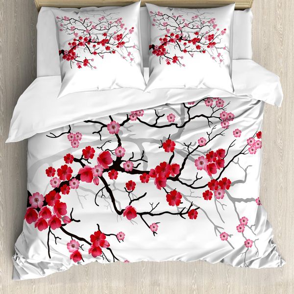 Abakuhaus Copripiumino Naturale, Fiori Di Sakura, Antiacaro, Adatto A Chi Soffre Di Allergie, Con Federe, 155 Cm X 220 Cm - 80 X 80 Cm, Marrone Scuro Corallo Scuro-image