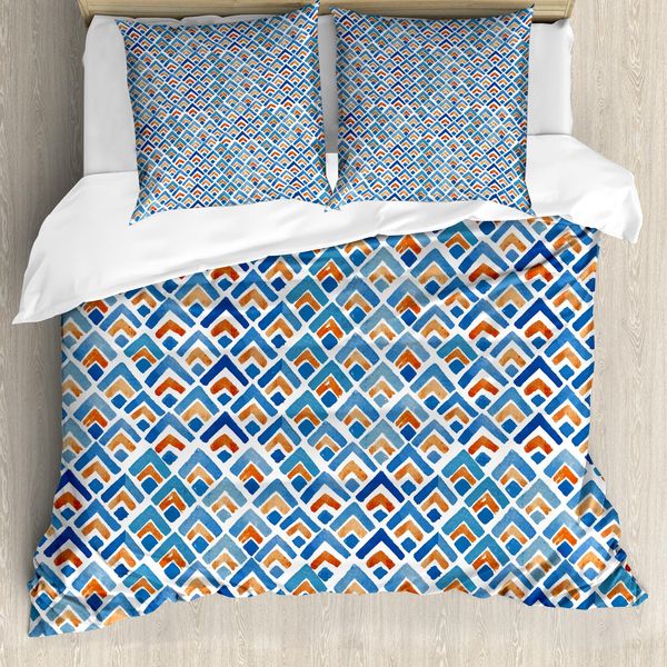 Abakuhaus Copripiumino Giapponese, Motivo Chevron Acquerellato, Antiacaro E Anallergico, Con Federe, 155 Cm X 220 Cm - 80 X 80 Cm, Azzurro Pallido E Arancione-image