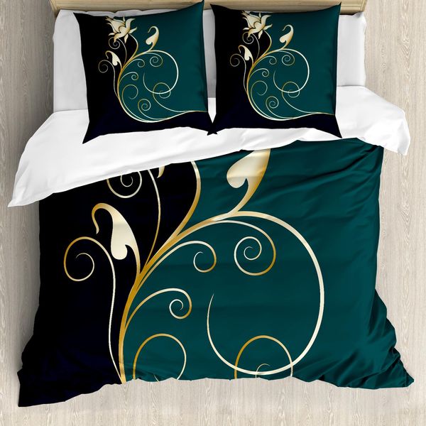 Abakuhaus Copripiumino Con Motivi Floreali, Petali Vorticosi, Antiacaro, Adatto A Chi Soffre Di Allergie, Con Federe, 200 Cm X 200 Cm - 80 X 80 Cm, Blu Petrolio Blu Scuro-image