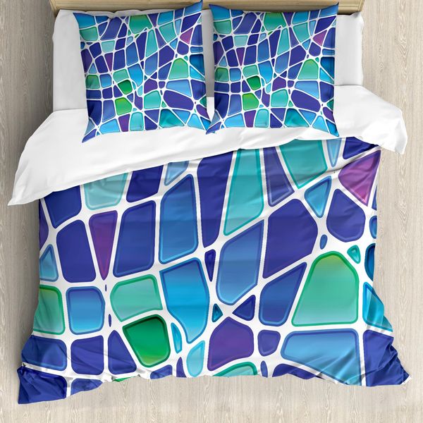 Abakuhaus Set Copripiumino Astratto Per Letti Matrimoniali, Mosaic Trippy Vivid, Antiacaro, Adatto A Chi Soffre Di Allergie, Con Federe, Verde Giada, Blu Reale, Viola-image