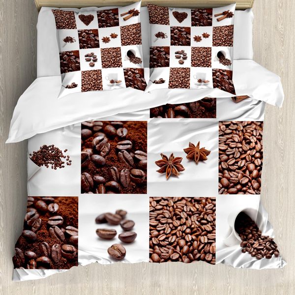 Abakuhaus Copripiumino Caffè, Chicchi Di Caffè Tostati, Antiacaro, Adatto A Chi Soffre Di Allergie, Con Federe, 155 Cm X 220 Cm - 80 X 80 Cm, Marrone Bianco-image