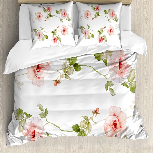 Abakuhaus Set Copripiumino Romantico Per Letti Matrimoniali, Petali Di Rosa, Antiacaro, Adatto A Chi Soffre Di Allergie, Con Federe, Verde Reseda, Pesca, Rosso Corallo-image
