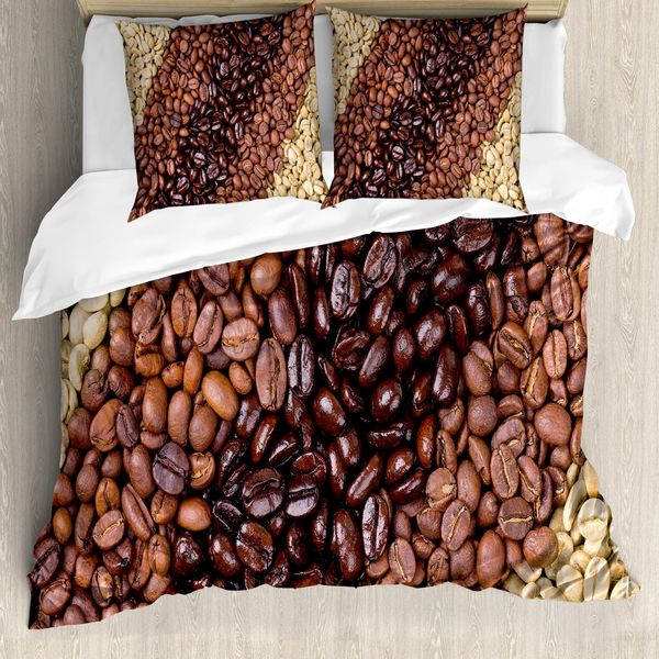 Abakuhaus Copripiumino Caffè, Strisce Di Chicchi Di Caffè, Antiacaro, Adatto A Chi Soffre Di Allergie, Con Federe, 155 Cm X 220 Cm - 80 X 80 Cm, Marrone-Crema-image