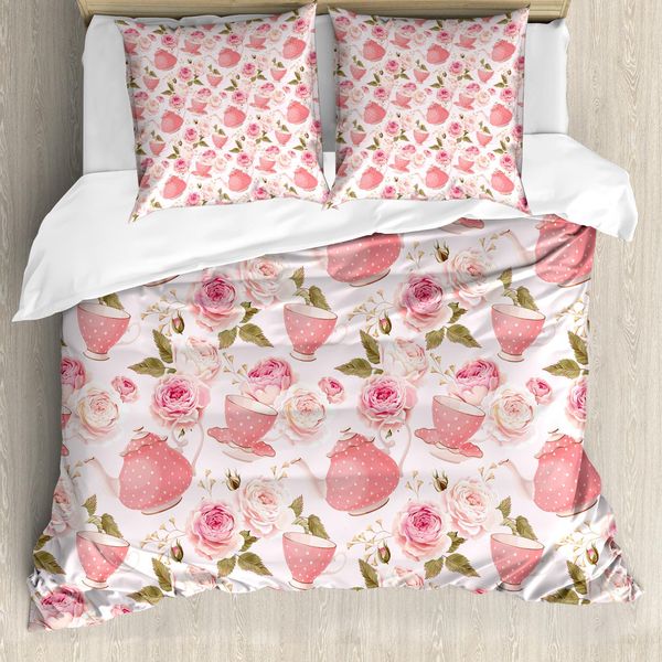 Abakuhaus Copripiumino Con Fiori, Vintage Tea Cups Roses, Antiacaro E Anallergico, Con Federe, 200 Cm X 200 Cm - 80 X 80 Cm, Verde Felce E Rosa Chiaro-image