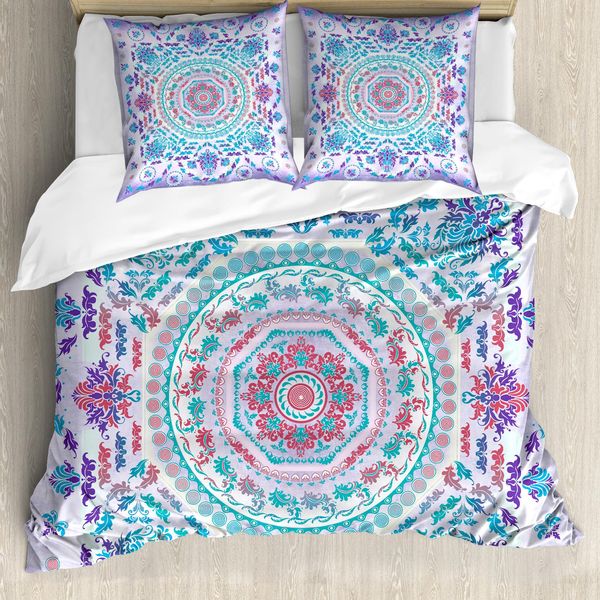 Abakuhaus Copripiumino Mandala, Motivo Floreale A Monete, Antiacaro, Adatto A Chi Soffre Di Allergie, Con Federe, 155 Cm X 220 Cm - 80 X 80 Cm, Turchese Lilla-image