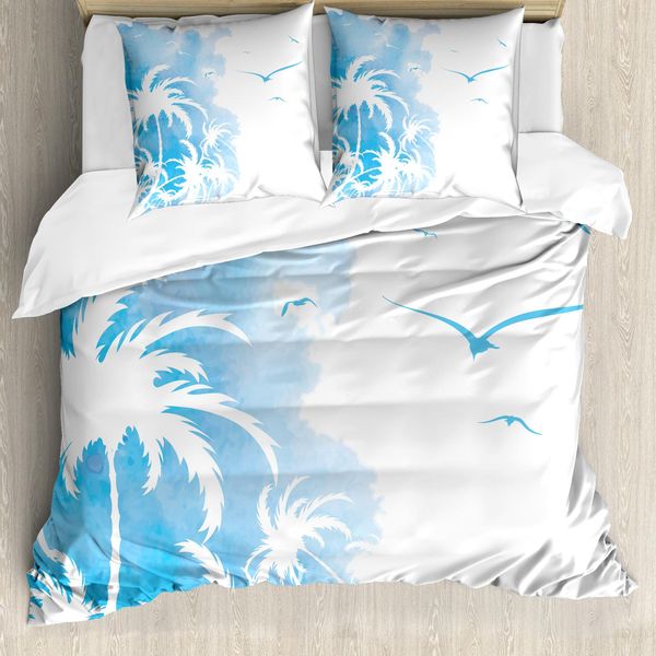 Abakuhaus Copripiumino Esotico, Island Palms Summary, Antiacaro, Adatto A Chi Soffre Di Allergie, Con Federe, 155 Cm X 220 Cm - 80 X 80 Cm, Azzurro E Bianco-image