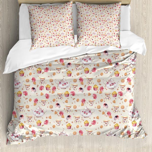 Abakuhaus Copripiumino Vintage, Tazze Da Tè Retrò Antiche, Antiacaro E Anallergico Con Federe, 200 Cm X 200 Cm - 80 X 80 Cm, Corallo Scuro Rosa Pallido-image