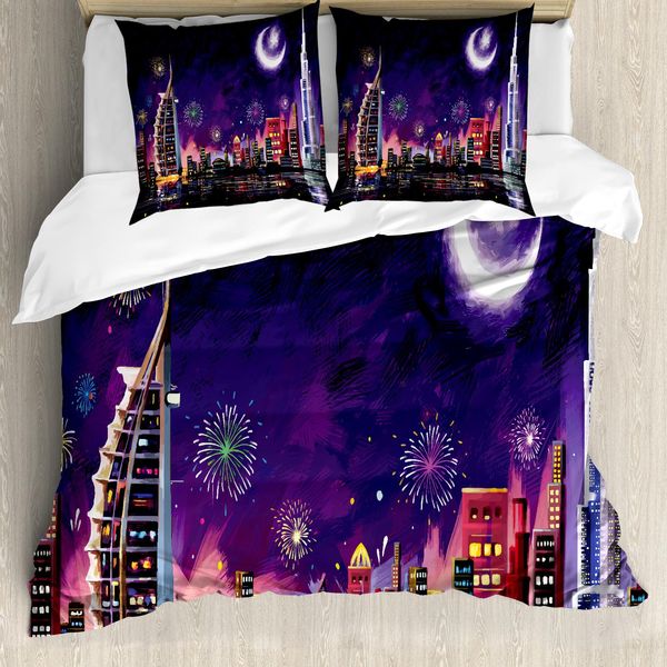 Abakuhaus Copripiumino Paesaggio, Notte Dubai Grattacieli, Antiacaro, Adatto A Chi Soffre Di Allergie, Con Federe, 155 Cm X 220 Cm - 80 X 80 Cm, Viola-image