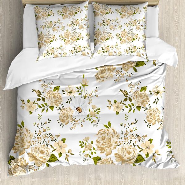 Abakuhaus Copripiumino Con Motivi Floreali, Floral Roses Vector, Antiacaro E Anallergico, Con Federe, 200 Cm X 200 Cm - 80 X 80 Cm, Bianco E Beige-image