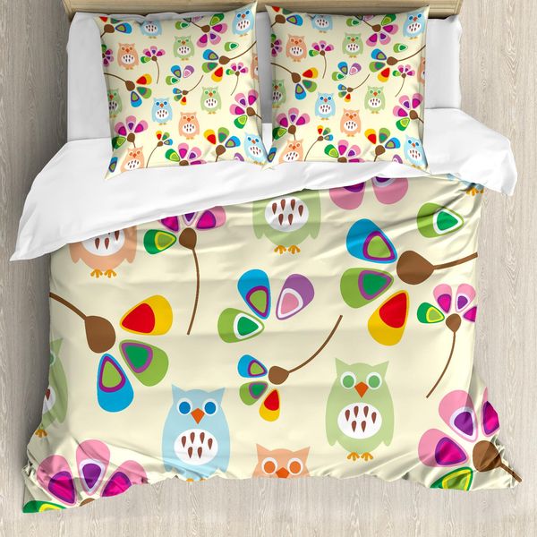 Abakuhaus Copripiumino Con Caricatura, Gufi E Fiori Per Camera Dei Bambini, Antiacaro, Adatto A Chi Soffre Di Allergie, Con Federe, 155 Cm X 220 Cm - 80 X 80 Cm, Multicolore-image