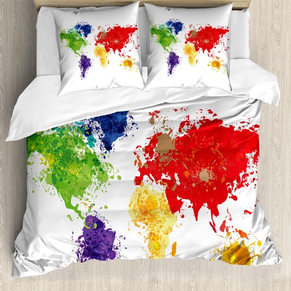 Abakuhaus Copripiumino Con Mappa Del Mondo, Opera D'arte, Antiacaro, Adatto A Chi Soffre Di Allergie, Con Federe, 200 Cm X 200 Cm - 80 X 80 Cm, Rosso, Viola E Giallo-image