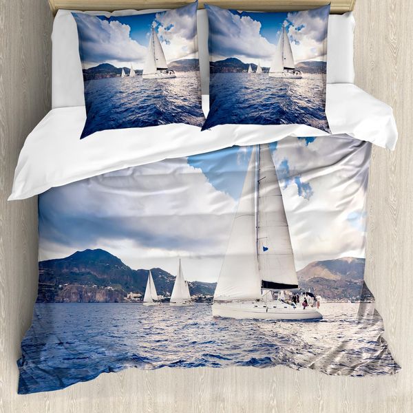 Abakuhaus Copripiumino Nautico, Barca A Vela Sul Mare, Antiacaro, Adatto A Chi Soffre Di Allergie, Con Federe, 155 Cm X 220 Cm - 80 X 80 Cm, Blu E Bianco-image