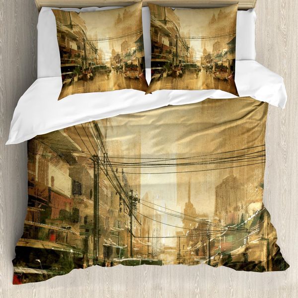 Abakuhaus Set Copripiumino Retrò Per Letti Matrimoniali, Vista Sulla Strada Cittadina, Antiacaro, Adatto A Chi Soffre Di Allergie, Con Federe, Marrone Sabbia Multicolore-image