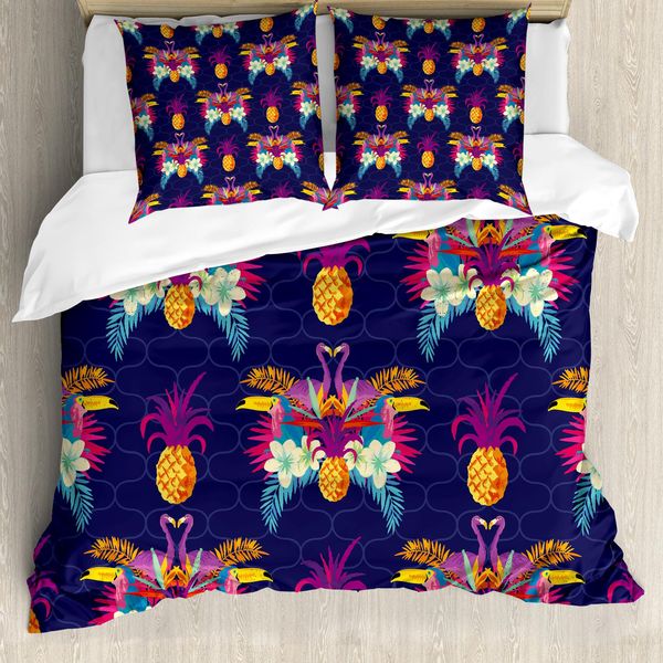 Abakuhaus Copripiumino Tropicale, Fiori Chiari E Ananas, Antiacaro, Adatto A Chi Soffre Di Allergie, Con Federe, 155 Cm X 220 Cm - 80 X 80 Cm, Multicolore-image