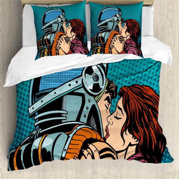 Abakuhaus Copripiumino Liebe, Astroauts Wife Retro, Antiacaro, Adatto A Chi Soffre Di Allergie, Con Federe, 155 Cm X 220 Cm - 80 X 80 Cm, Blu Petrolio E Marrone-image