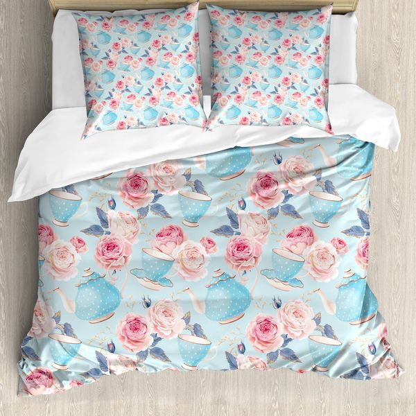 Abakuhaus Copripiumino Vintage, Teiera Con Fiori E Rose, Antiacaro E Anallergico Con Federe, 155 Cm X 220 Cm - 80 X 80 Cm, Azzurro E Rosa Pallido-image