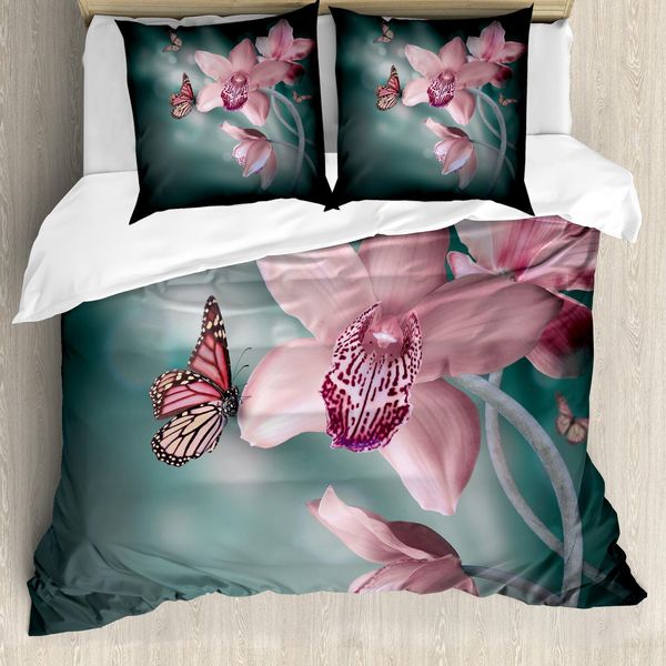 Abakuhaus Copripiumino Con Fiori, Orchidea E Farfalla, Antiacaro E Anallergico, Con Federe, 200 Cm X 200 Cm - 80 X 80 Cm, Rosa Baby E Verde Giada-image