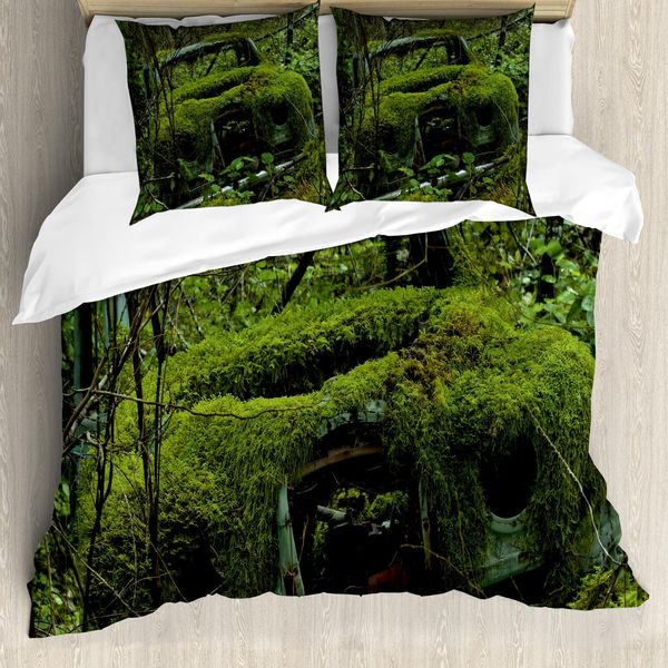 Abakuhaus Set Copripiumino Vintage Per Letti Matrimoniali, Oldtimer-Wald, Antiacaro, Adatto A Chi Soffre Di Allergie, Con Federe, Verde Oliva E-image