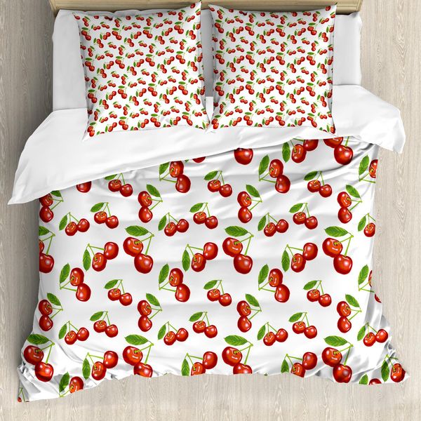 Abakuhaus Copripiumino Con Motivo A Ciliegie, Antiacaro, Adatto A Chi Soffre Di Allergie, Con Federe, 155 Cm X 220 Cm - 80 X 80 Cm, Bianco Vermiglio Verde-image