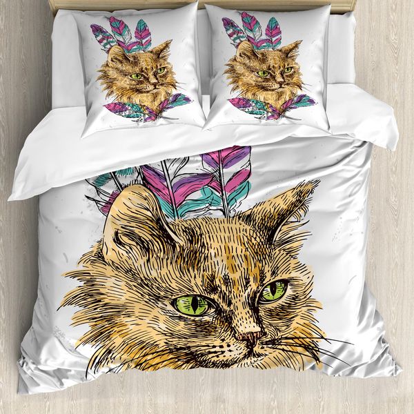 Abakuhaus Copripiumino Gatto, Gatto Con Piume Colorate, Antiacaro, Adatto A Chi Soffre Di Allergie, Con Federe, 155 Cm X 220 Cm - 80 X 80 Cm, Multicolore-image