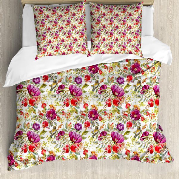 Abakuhaus Copripiumino Con Fiori, Fiori Rosa E Lilla, Antiacaro, Adatto A Chi Soffre Di Allergie, Con Federe, 155 Cm X 220 Cm - 80 X 80 Cm, Multicolore-image