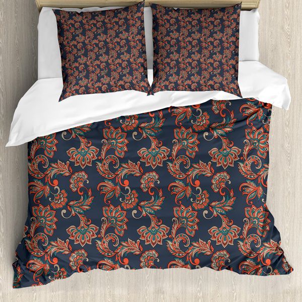 Abakuhaus Copripiumino Etnico, Motivo Floreale Orientale, Antiacaro, Adatto A Chi Soffre Di Allergie, Con Federe, 200 Cm X 200 Cm - 80 X 80 Cm, Blu Scuro Grigio Vermiglio-image