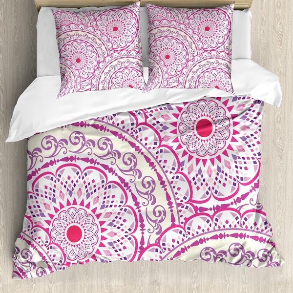 Abakuhaus Copripiumino Mandala, Motivo A Foglie Incrociate, Antiacaro, Adatto A Chi Soffre Di Allergie, Con Federe, 155 Cm X 220 Cm - 80 X 80 Cm, Rosa Shocking Magenta-image