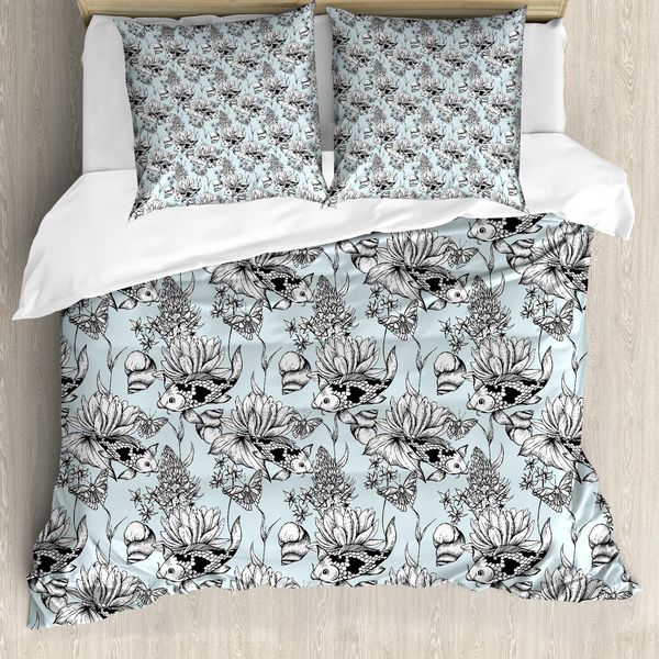 Abakuhaus Copripiumino Shabby Flora, Fiori Acquatici Dello Stagno, Antiacaro, Adatto A Chi Soffre Di Allergie, Con Federe, 200 Cm X 200 Cm - 80 X 80 Cm, Azzurro, Nero, Bianco-image