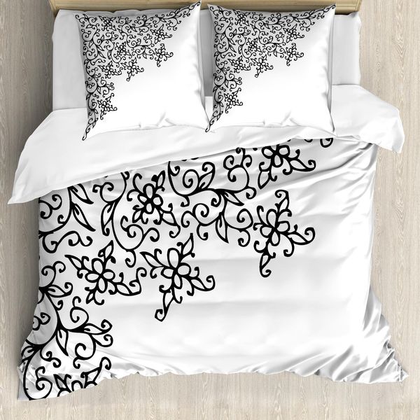 Abakuhaus Copripiumino Astratto, Disegno Floreale, Antiacaro, Adatto A Chi Soffre Di Allergie, Con Federe, 155 Cm X 220 Cm - 80 X 80 Cm, Bianco E Nero-image